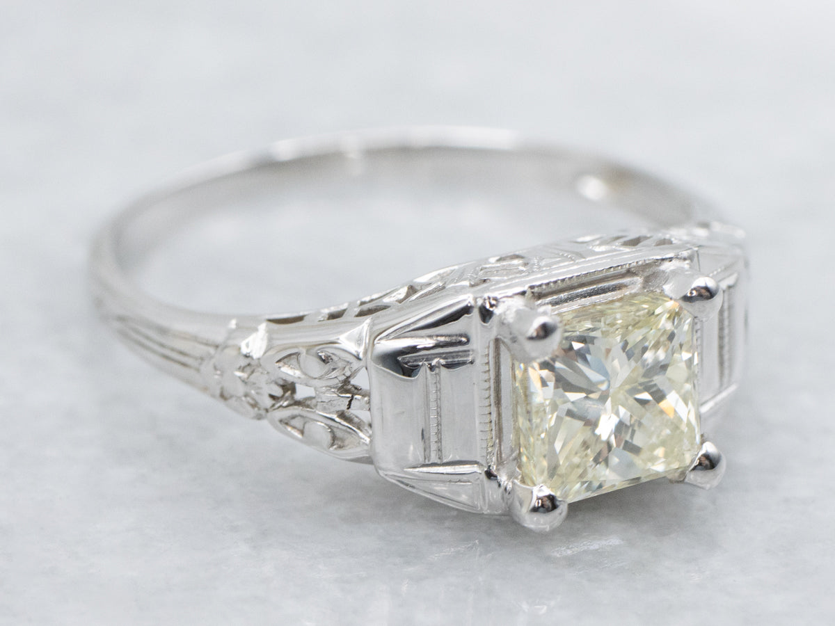 Baby Yellow Princess Cut Diamond 1940s Engagement Ring