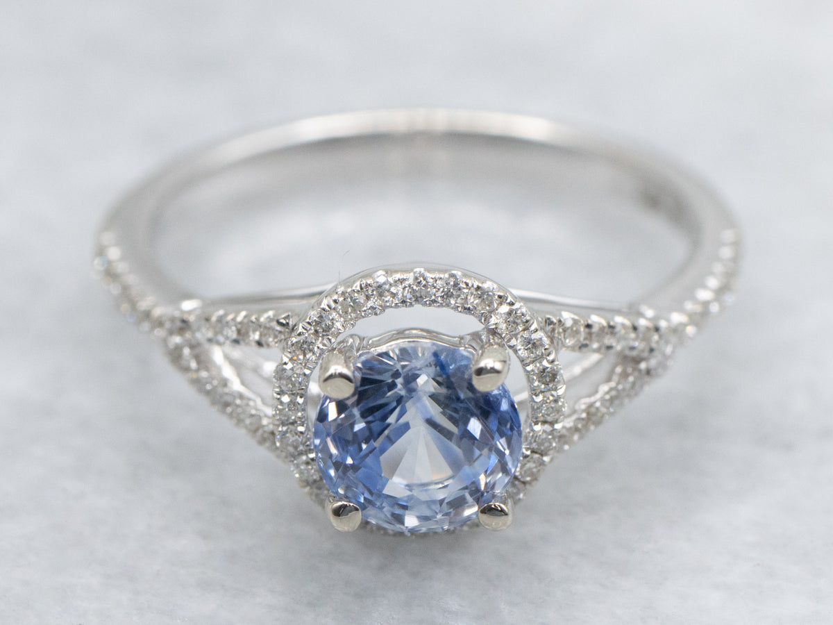 Modern Bi-Color Sapphire and Diamond Halo Engagement Ring