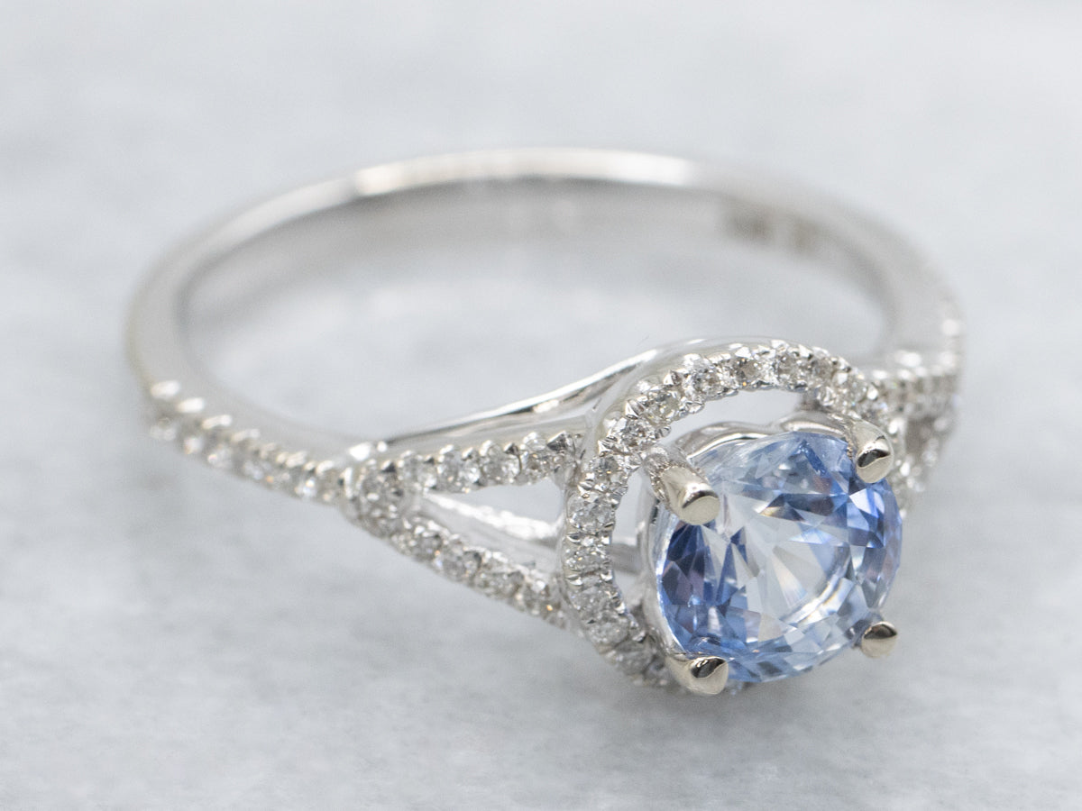 Modern Bi-Color Sapphire and Diamond Halo Engagement Ring