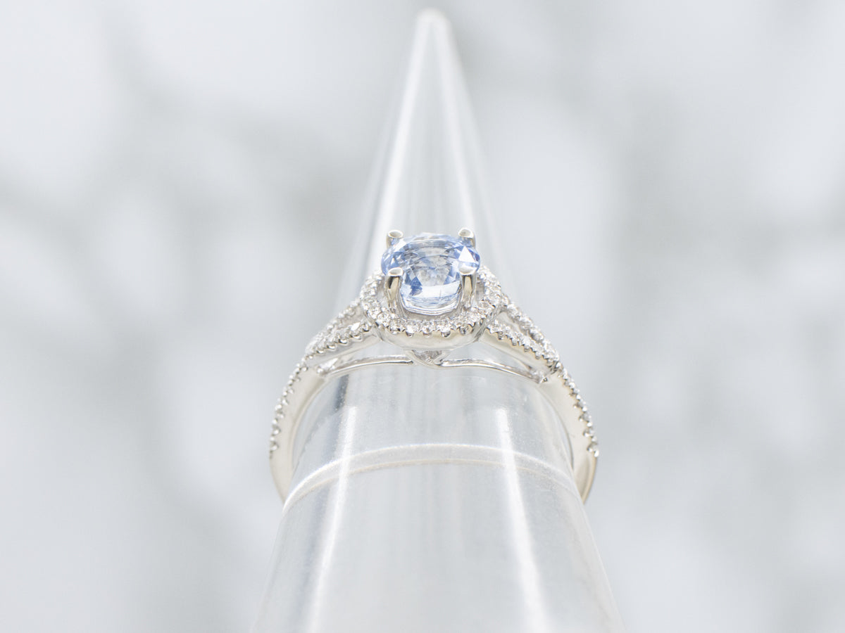 Modern Bi-Color Sapphire and Diamond Halo Engagement Ring