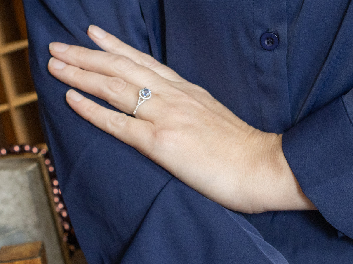 Modern Bi-Color Sapphire and Diamond Halo Engagement Ring