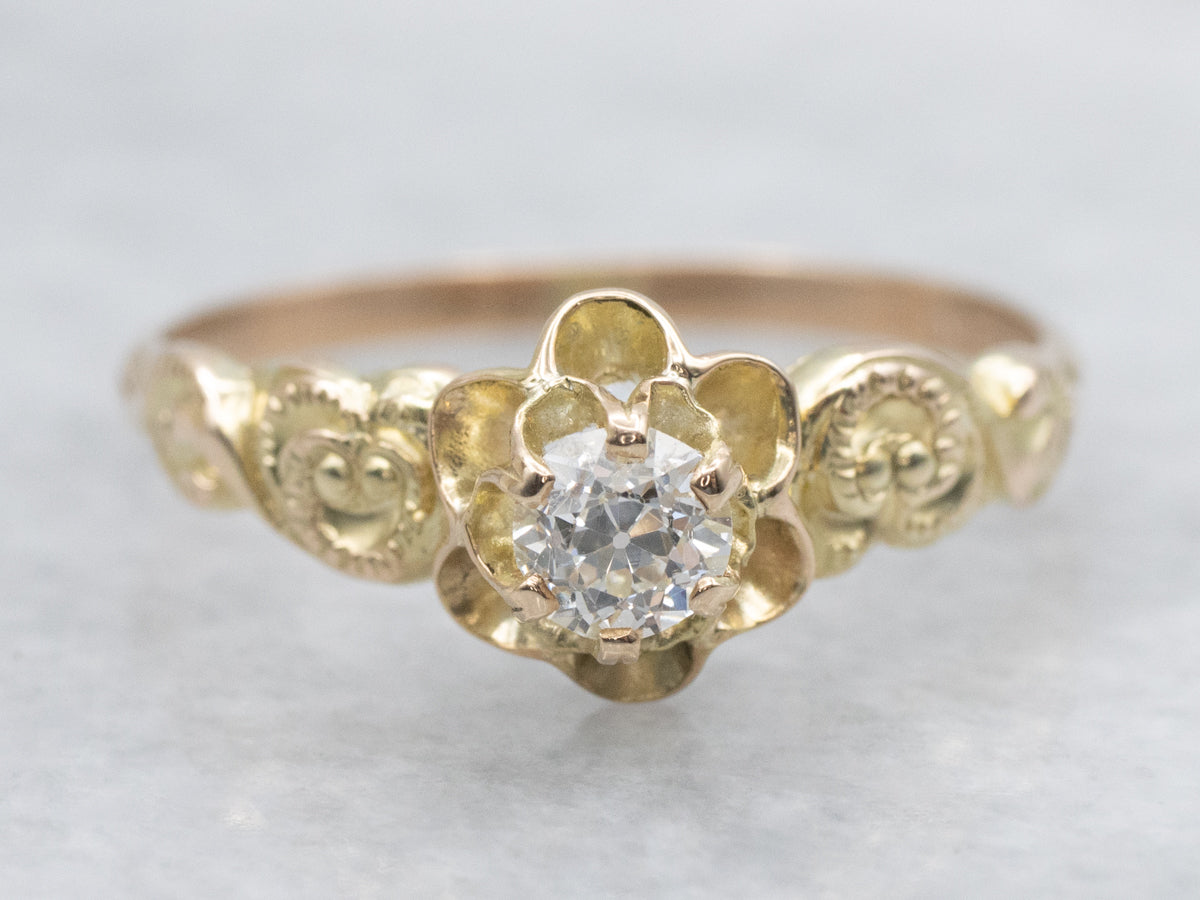 Antique Buttercup Old Mine Cut Diamond Scrolling Engagement Ring