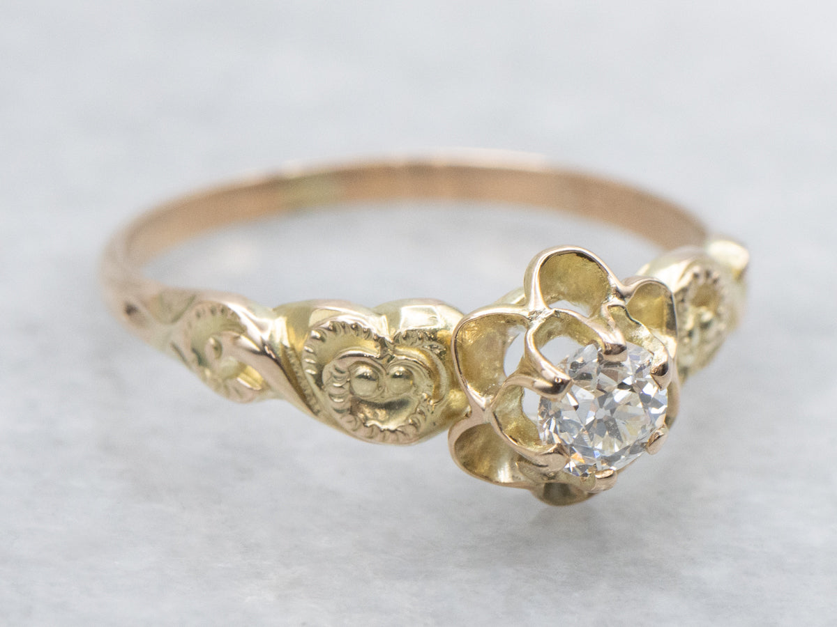 Antique Buttercup Old Mine Cut Diamond Scrolling Engagement Ring