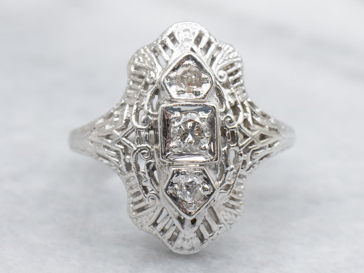 Art Deco Diamond Gold Filigree Dinner Ring