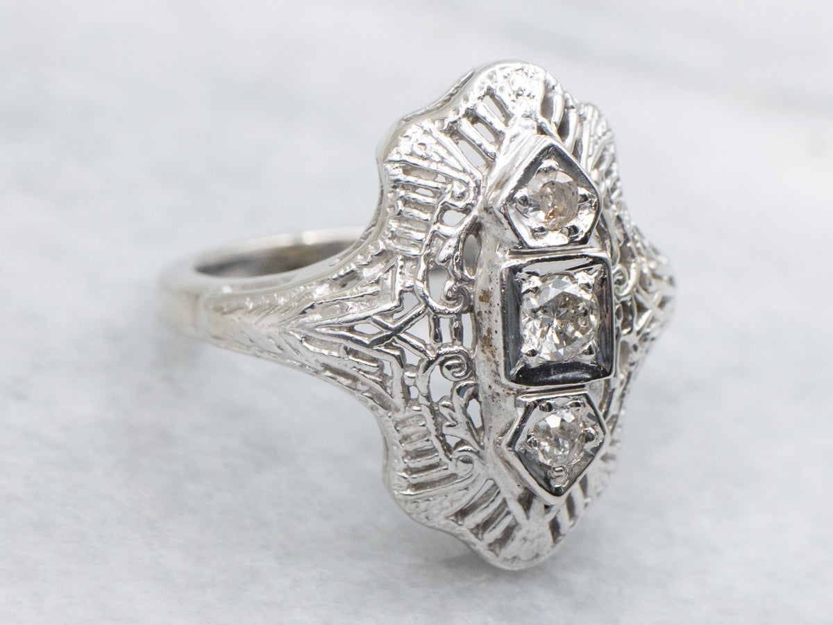 Art Deco Diamond Gold Filigree Dinner Ring