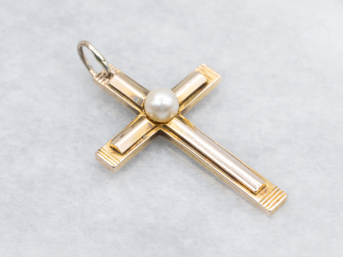 Vintage Pearl Yellow Gold Cross Pendant