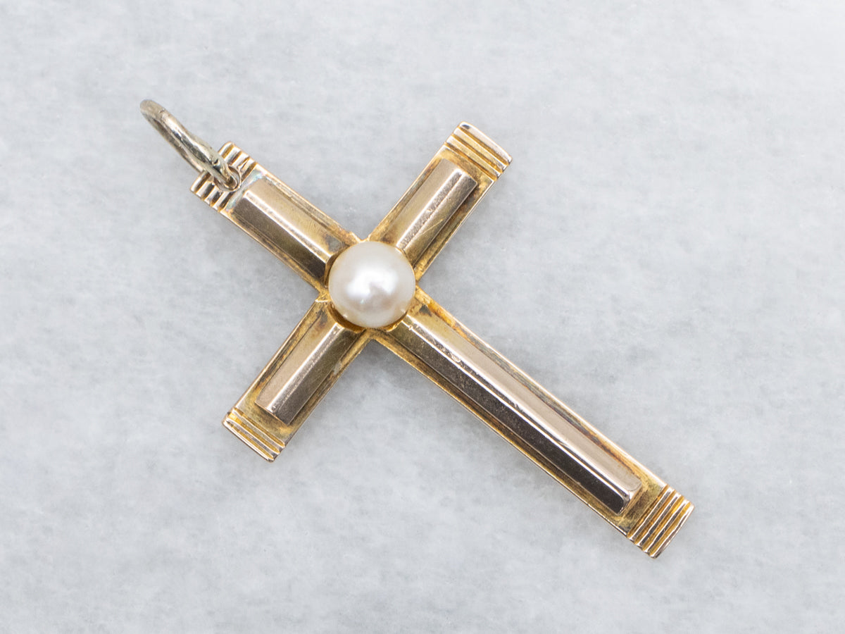 Vintage Pearl Yellow Gold Cross Pendant