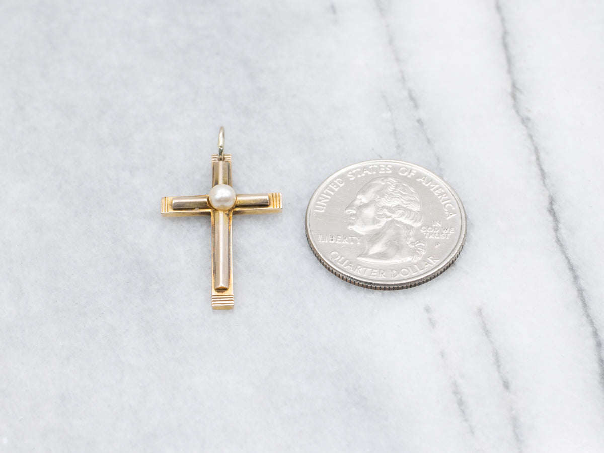 Vintage Pearl Yellow Gold Cross Pendant