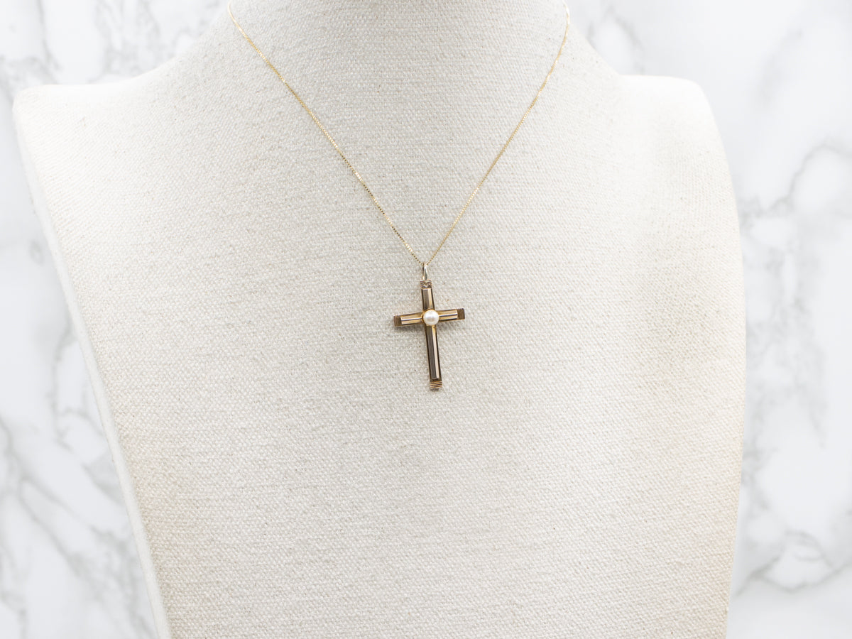 Vintage Pearl Yellow Gold Cross Pendant