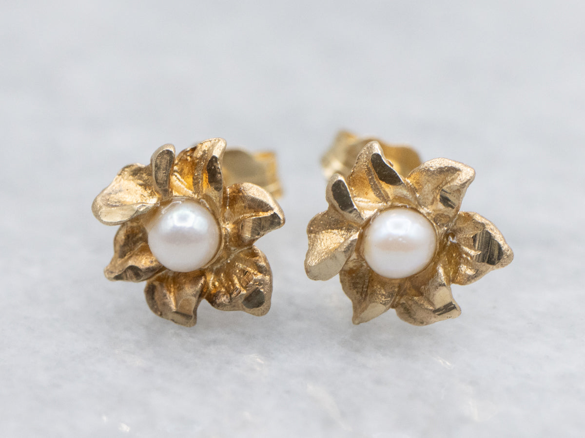 Vintage Yellow Gold Pearl Flower Stud Earrings