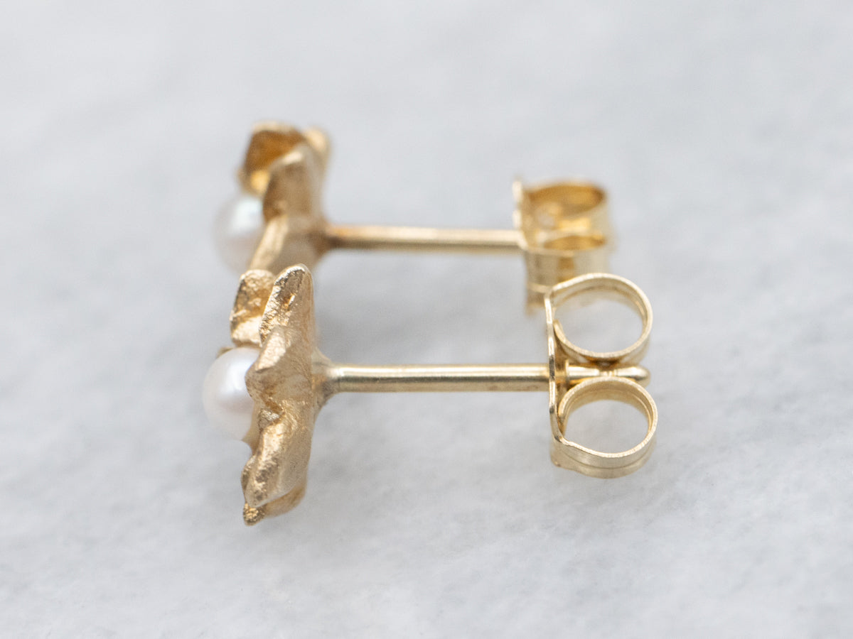 Vintage Yellow Gold Pearl Flower Stud Earrings