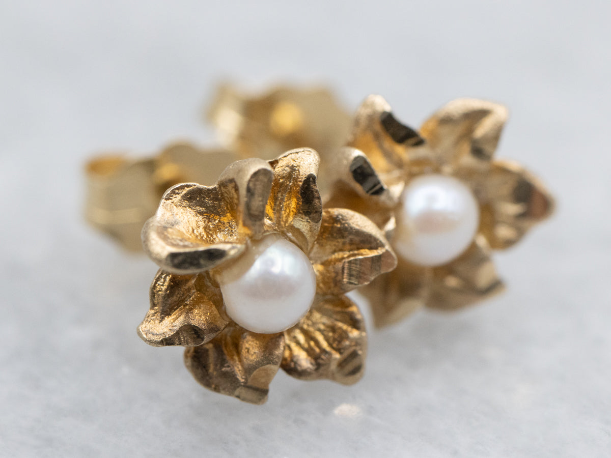 Vintage Yellow Gold Pearl Flower Stud Earrings