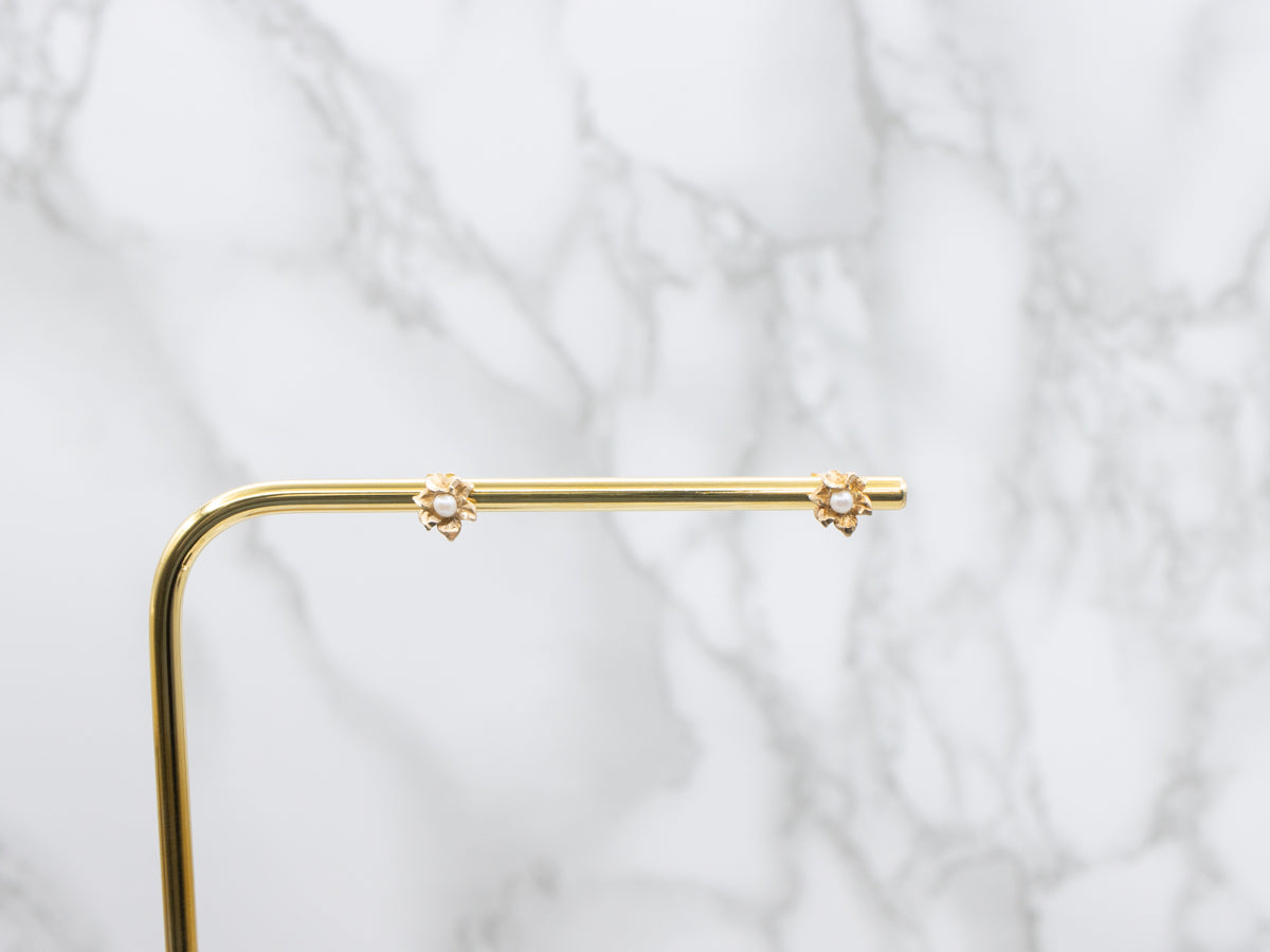 Vintage Yellow Gold Pearl Flower Stud Earrings