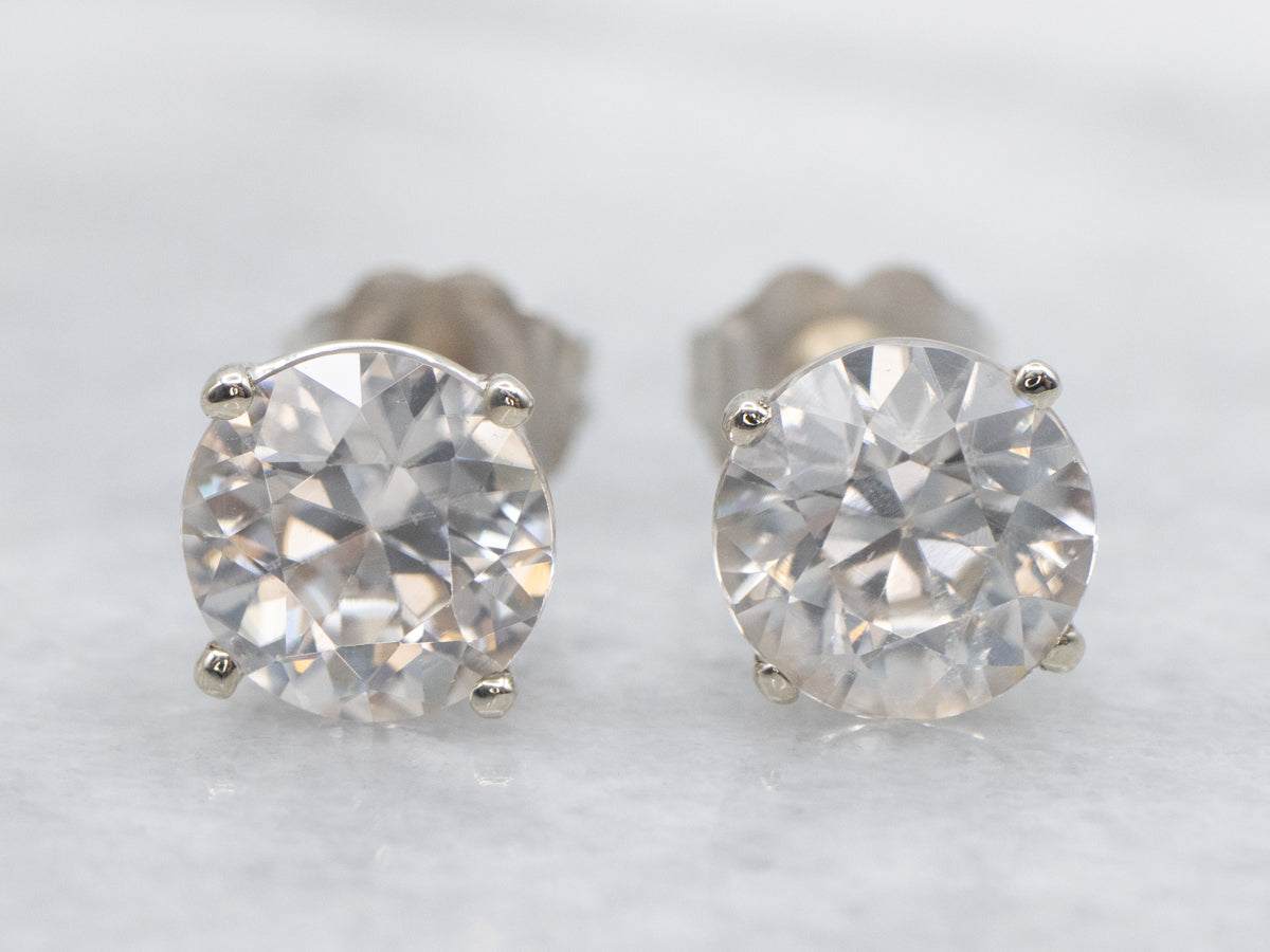 Round Cut White Zircon Gold Stud Earrings