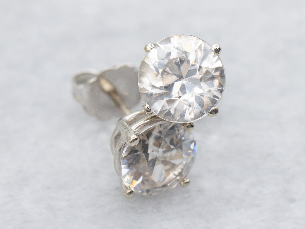 Round Cut White Zircon Gold Stud Earrings