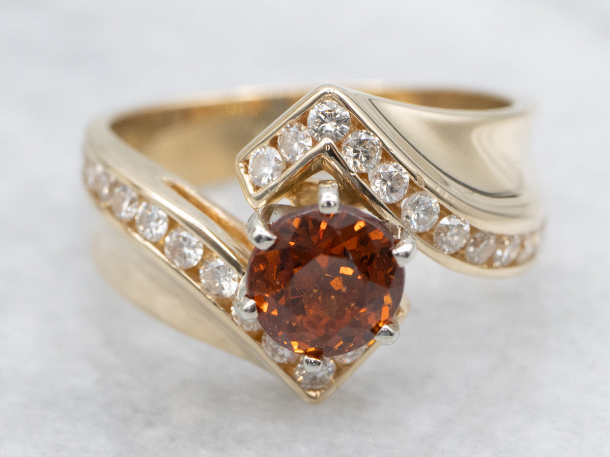 Hessonite Garnet and Channel Set Diamond Bypass Ring