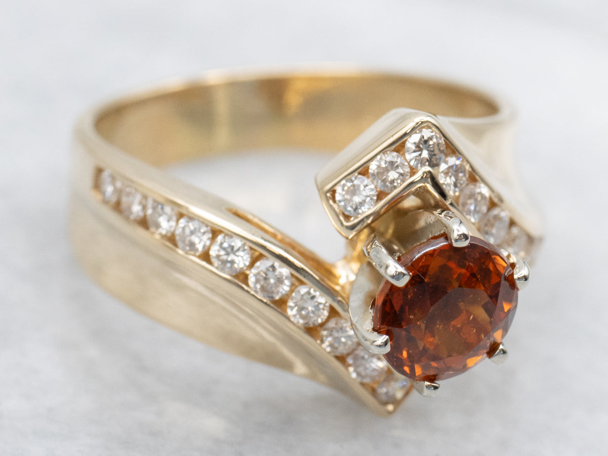 Hessonite Garnet and Channel Set Diamond Bypass Ring