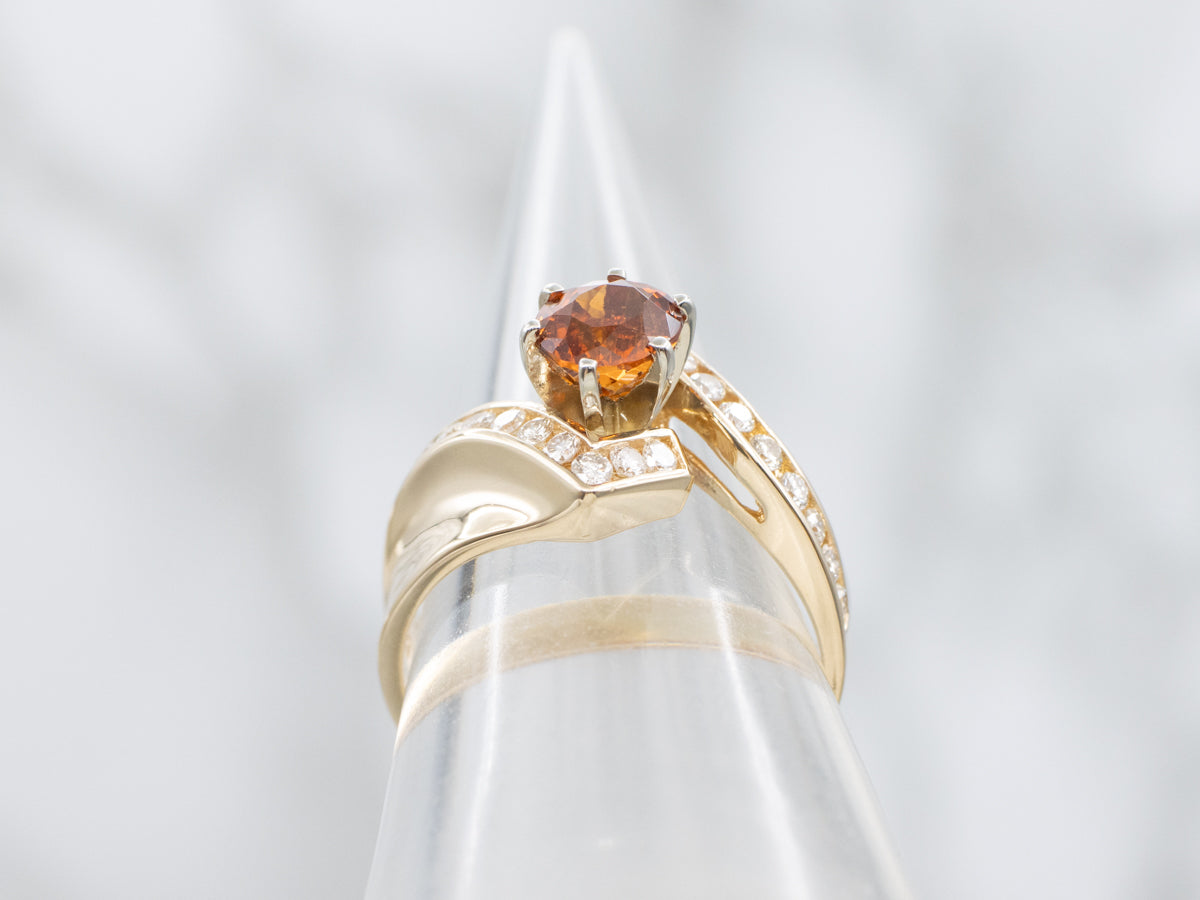 Hessonite Garnet and Channel Set Diamond Bypass Ring