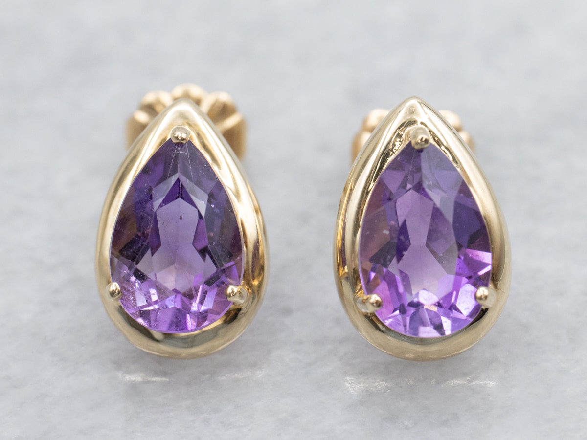 Pear Cut Amethyst Yellow Gold Stud Earrings