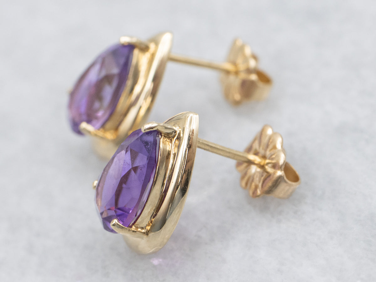 Pear Cut Amethyst Yellow Gold Stud Earrings