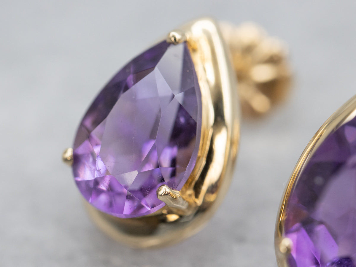 Pear Cut Amethyst Yellow Gold Stud Earrings