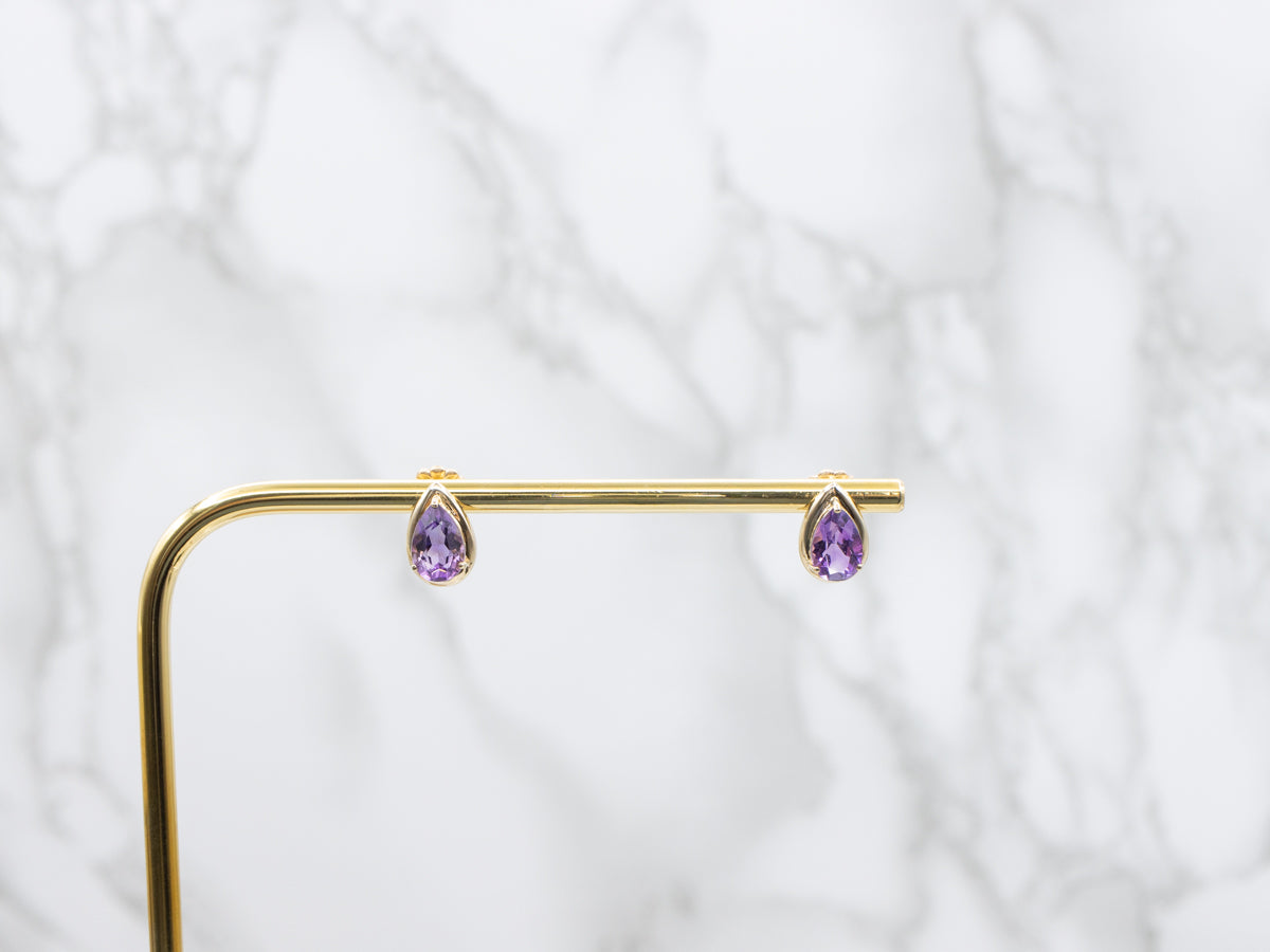 Pear Cut Amethyst Yellow Gold Stud Earrings