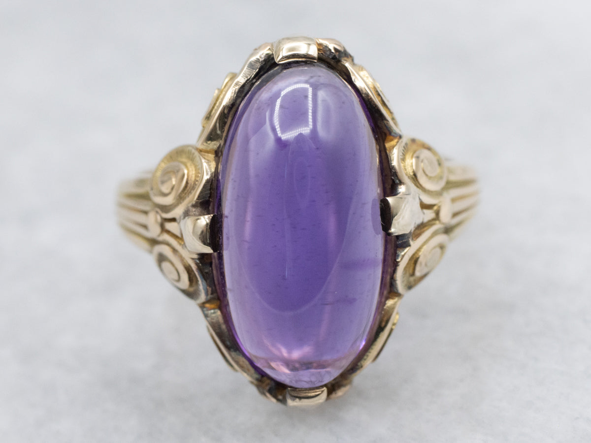 Antique Scrolling Gold Amethyst Cabochon Ring
