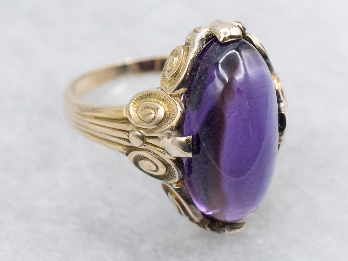 Antique Scrolling Gold Amethyst Cabochon Ring