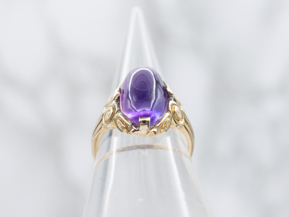 Antique Scrolling Gold Amethyst Cabochon Ring