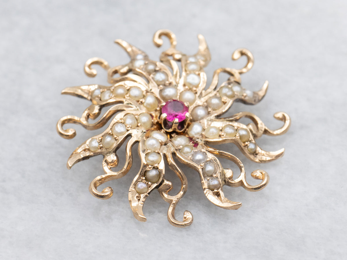 Antique Ruby and Seed Pearl Gold Sunburst Pendant