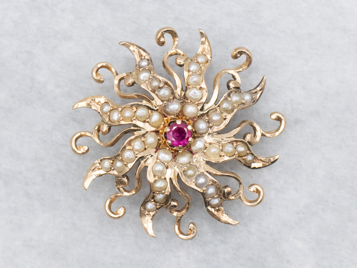 Antique Ruby and Seed Pearl Gold Sunburst Pendant