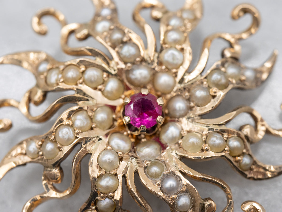 Antique Ruby and Seed Pearl Gold Sunburst Pendant