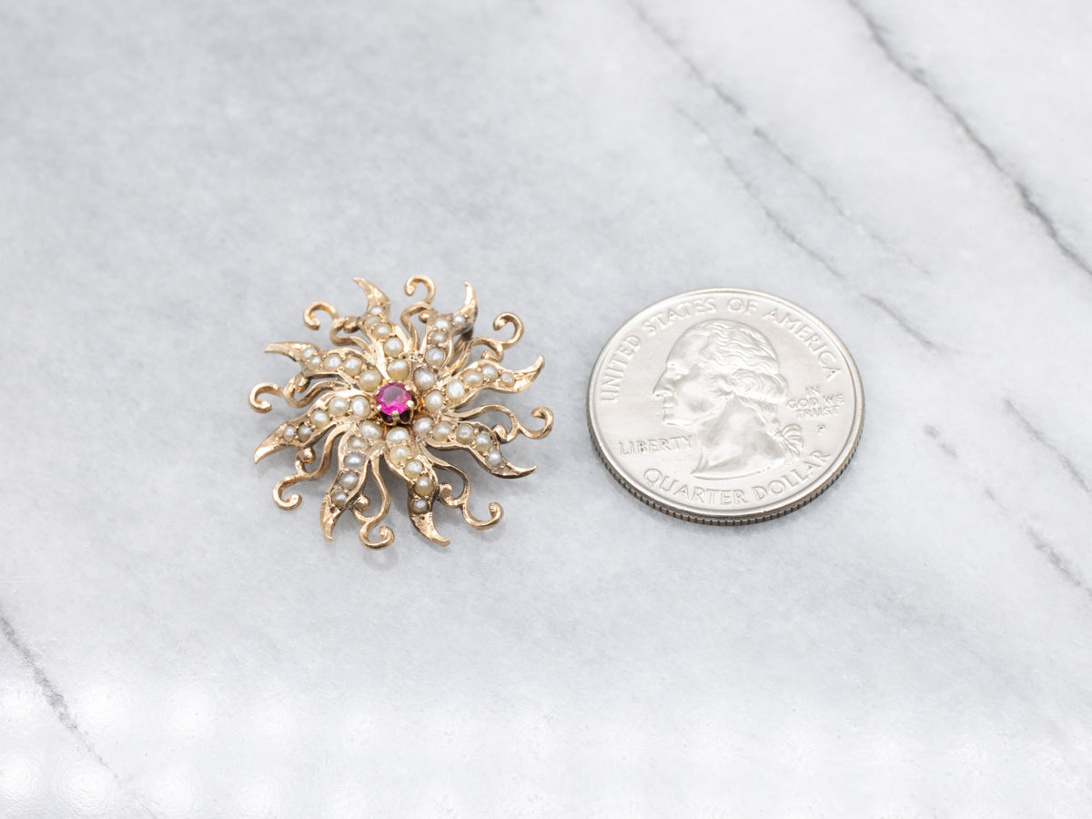 Antique Ruby and Seed Pearl Gold Sunburst Pendant