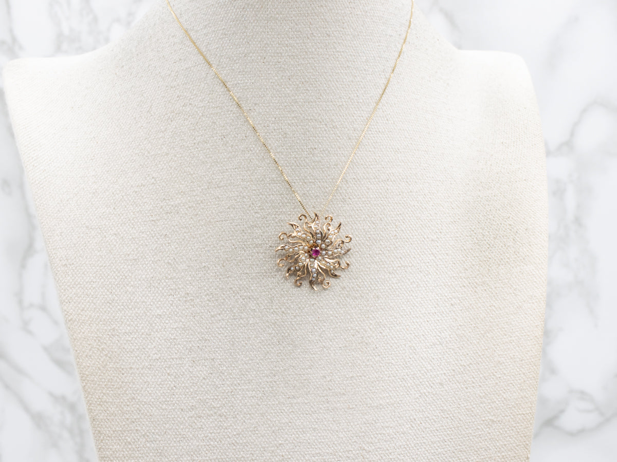 Antique Ruby and Seed Pearl Gold Sunburst Pendant