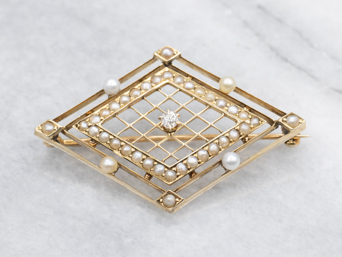 Antique Old Mine Cut Diamond and Pearl Gold Filigree Brooch