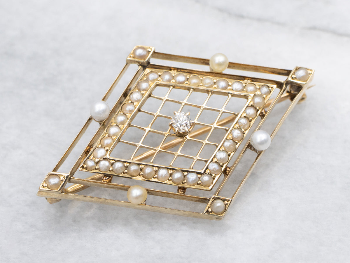 Antique Old Mine Cut Diamond and Pearl Gold Filigree Brooch