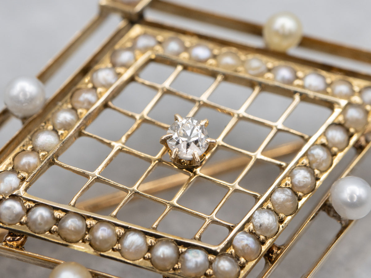 Antique Old Mine Cut Diamond and Pearl Gold Filigree Brooch