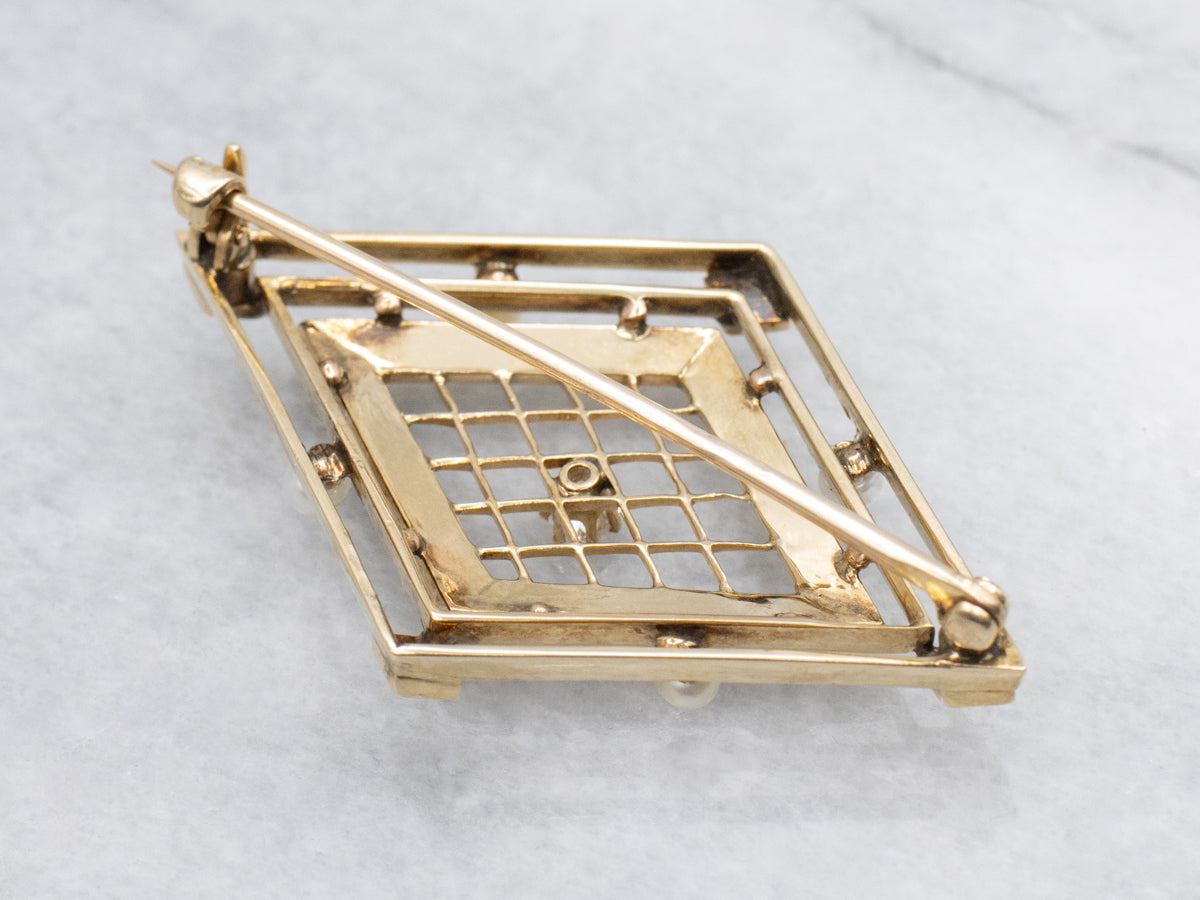Antique Old Mine Cut Diamond and Pearl Gold Filigree Brooch