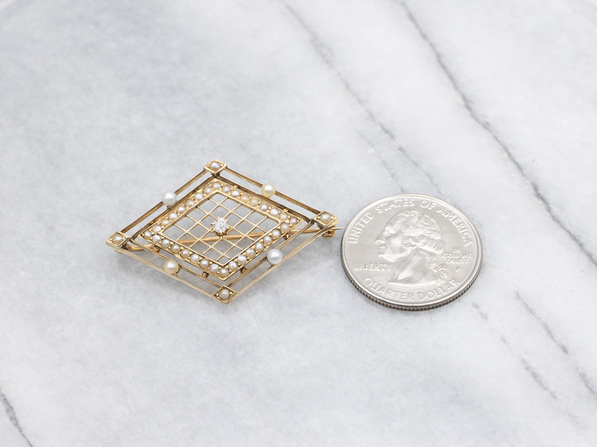 Antique Old Mine Cut Diamond and Pearl Gold Filigree Brooch