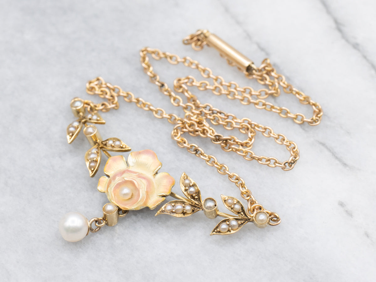 Antique Belle Époque Pearl and Pink Enamel Floral Necklace
