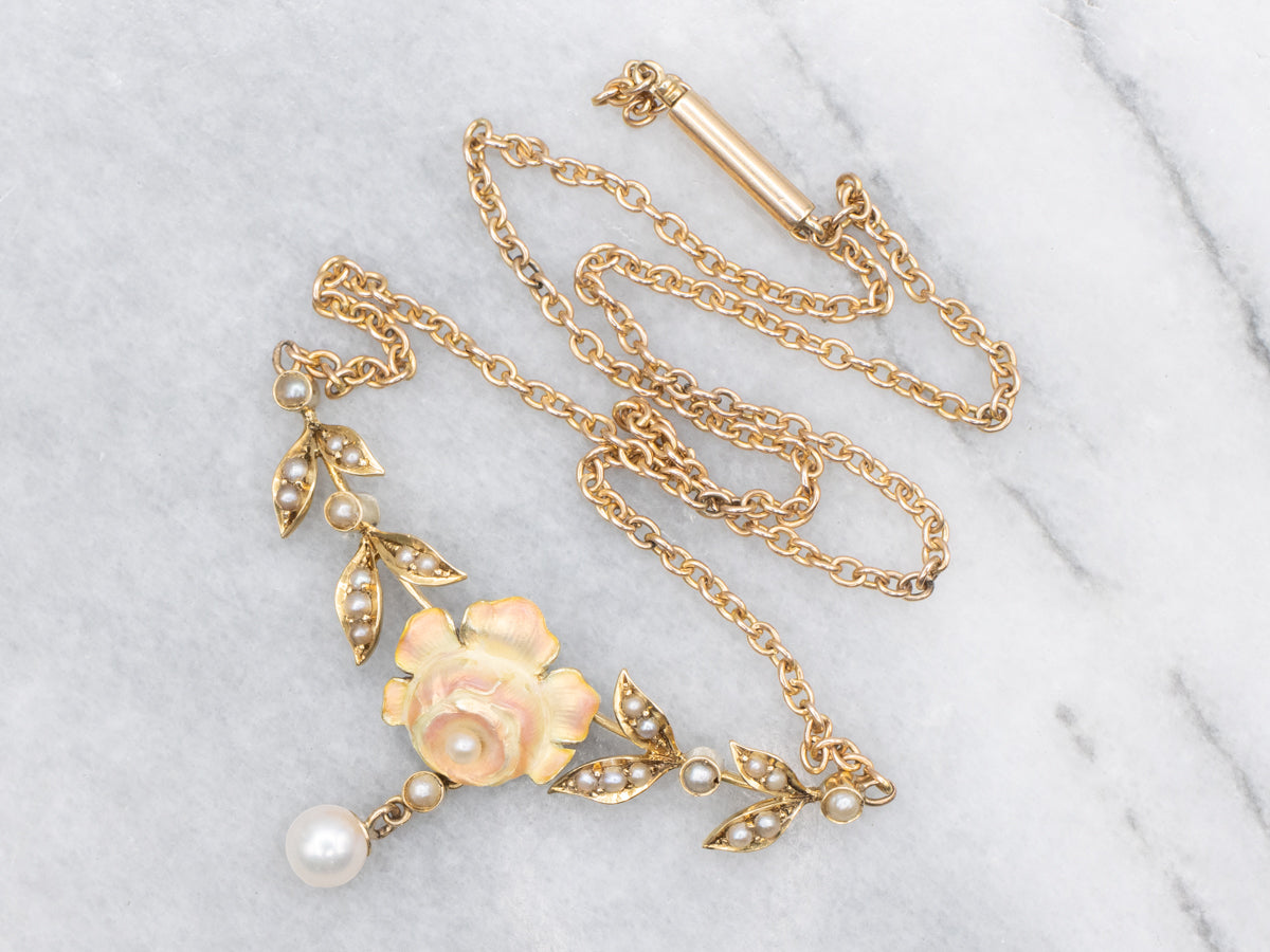 Antique Belle Époque Pearl and Pink Enamel Floral Necklace