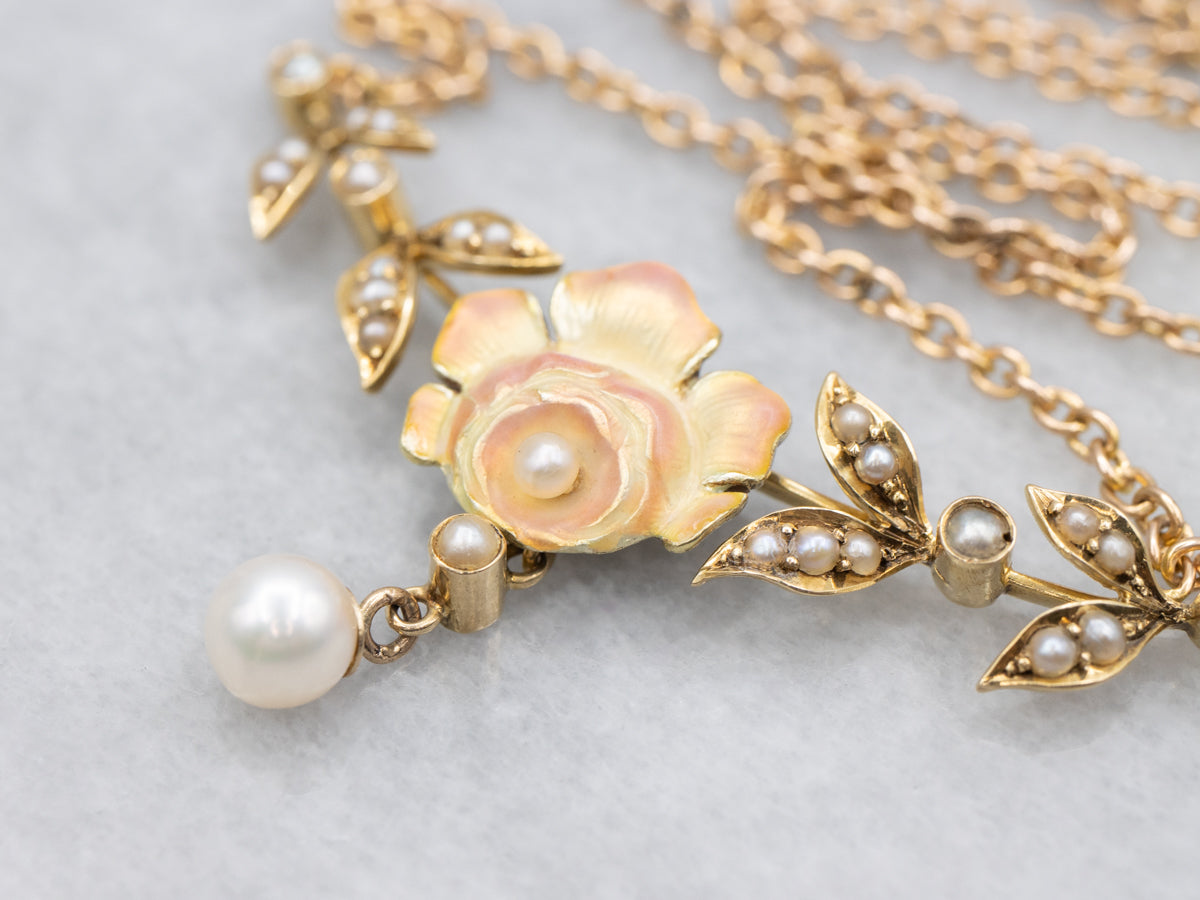 Antique Belle Époque Pearl and Pink Enamel Floral Necklace
