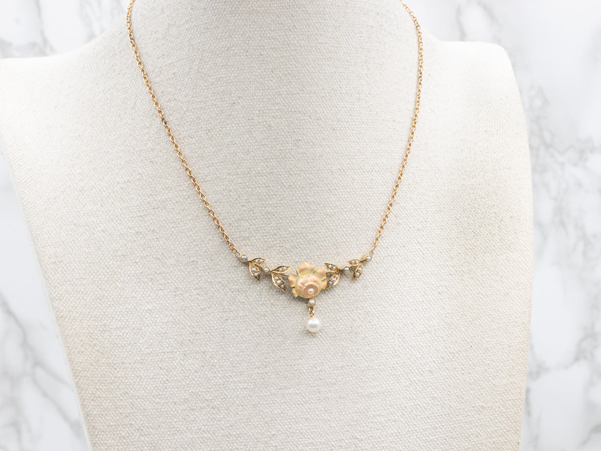Antique Belle Époque Pearl and Pink Enamel Floral Necklace