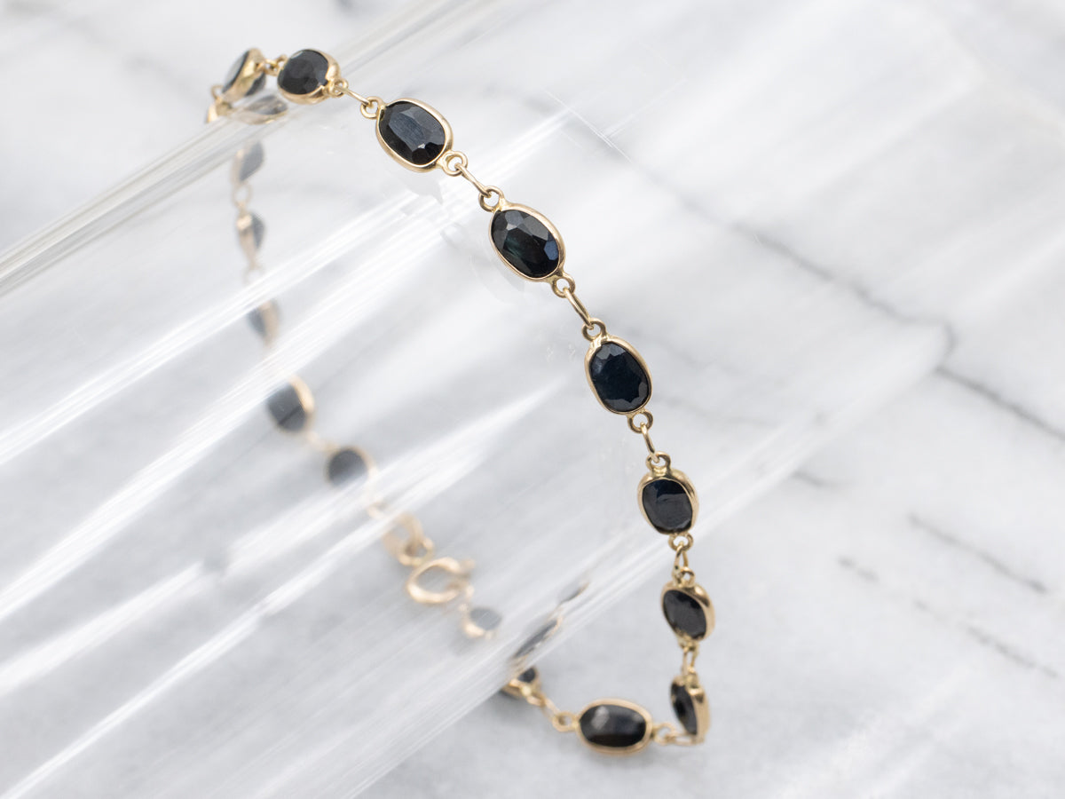 Dark Blue Sapphire Bezel-Set Gold Link Bracelet