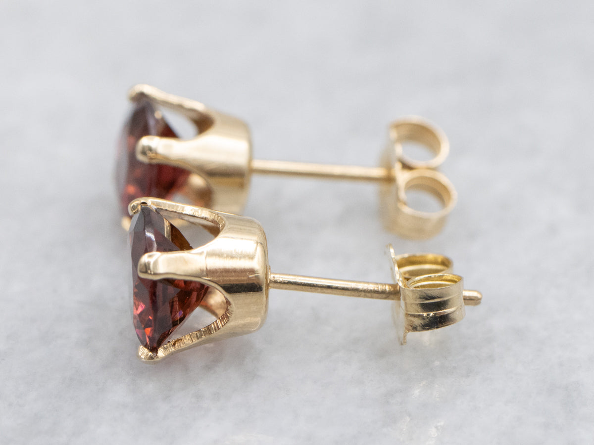 Round Cut Garnet Yellow Gold Stud Earrings
