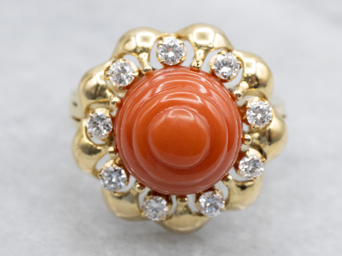 Carved Coral and Diamond Halo Floral Cocktail Ring