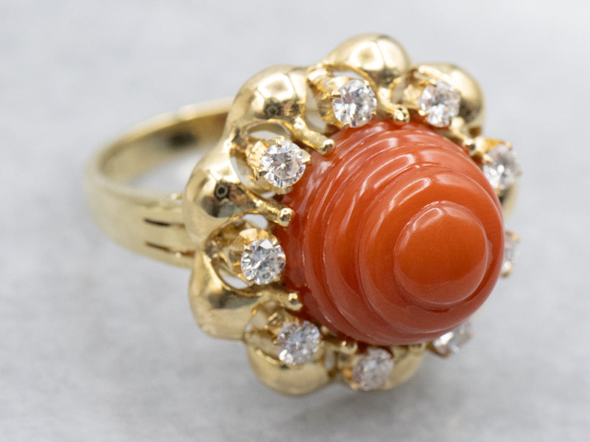 Carved Coral and Diamond Halo Floral Cocktail Ring