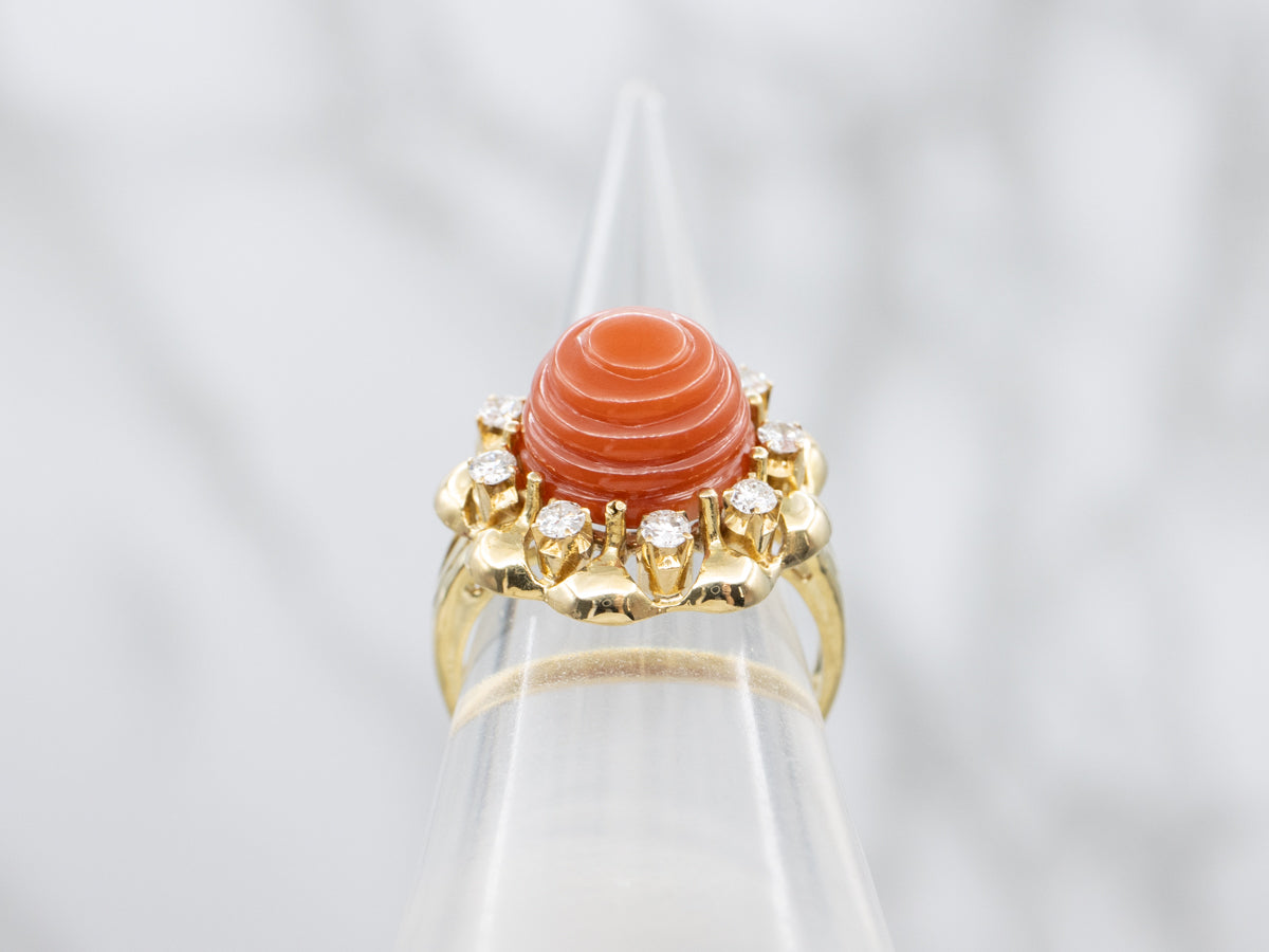 Carved Coral and Diamond Halo Floral Cocktail Ring