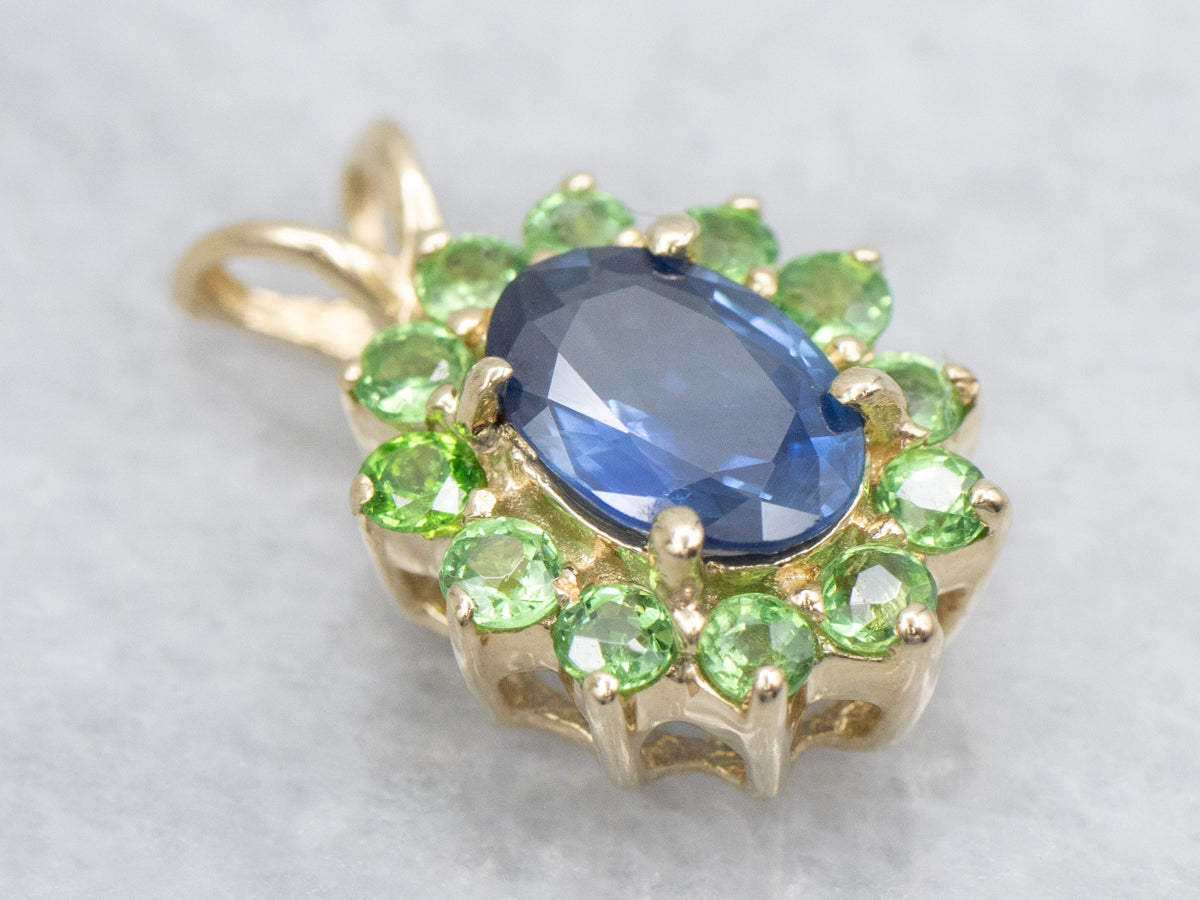 Sapphire and Green Garnet Halo Gold Pendant