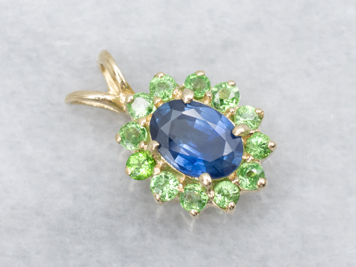Sapphire and Green Garnet Halo Gold Pendant